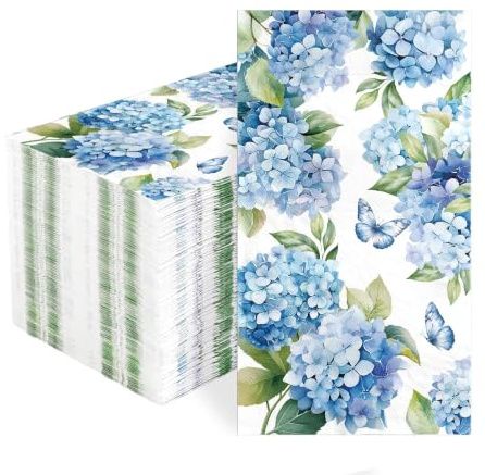 Greencian 50 Pcs Hydrangea Paper Napkins 3 Ply Blue Floral Bathroom Napkins | Disposable Absorbent Hand Towels Blue Floral Butterfly Guest Napkin for Bridal Shower Wedding Bathroom Party Supplies