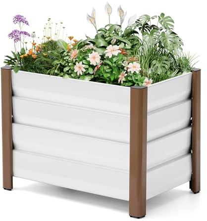 Hochbeet Metall Für Garten Moderner Aluminium Pflanzkasten 60x40x45 cm, Frühbeet Gartenbeet Blumenkasten Wetterfest Mit Drainagelöchern & Abgerundeten Ecken, Für Balkon & Terrasse, Tiefes Design,Weiß
