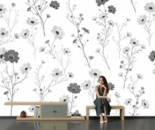 MIATCENRT Lines Art Wallpaper, Wildflowers Plants Large Mural for Living Room Bedroom, Silk Fabric Decor Wall Paper, Photo Wallpaper Dining Room, Hallway, Lounge, 450x315cm