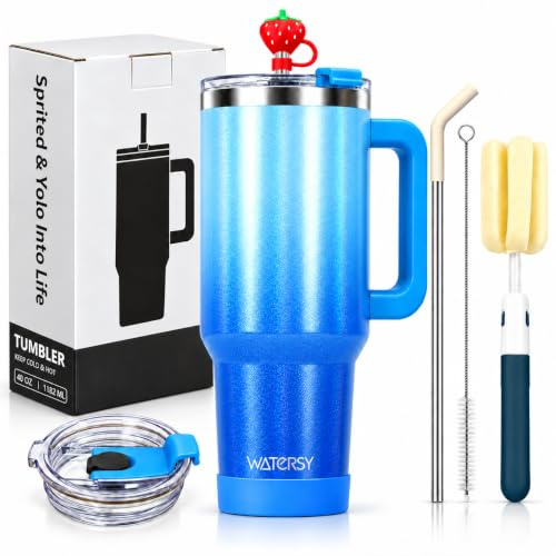 LeuKoles 1 200 ml Watersy-termosmugg med handtag och sugrör, dubbelväggig kaffemugg att ta med (34 timmar kall), vakuumisolerad dryckesmugg för te, kalla drycker och kaffe (blå färggradient)