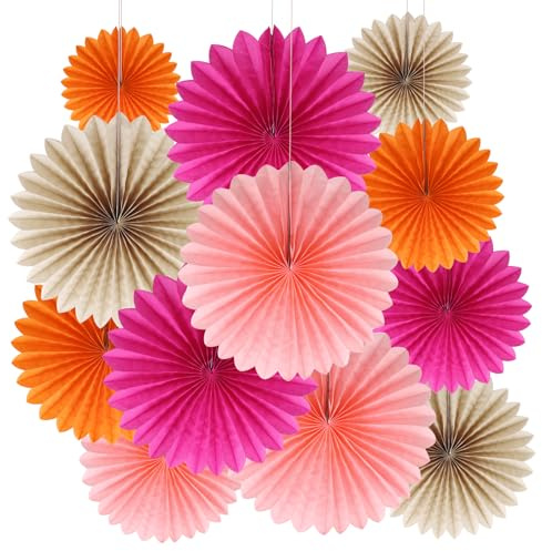 BestoFun 12 Stück Papier Fächer Set Orange Rose PomPoms Tissue Blumen Braun Rosa Hängende Blumen Girlande Hellrosa Papier Fächer Dekoration für Partydeko Kinder Geburtstagsdeko Hochzeit Baby Shower