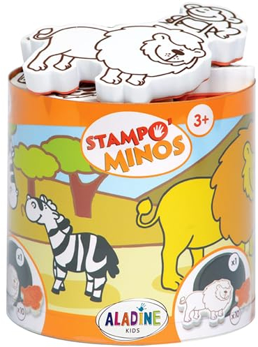 Aladine 3085100, Stempelset Minos Safari Savanne, inkl. 10 Stempel und 1 Stempelkissen, kreativer Stempelspaß für Kinder ab 3 Jahren, Nicht zutreffend, Large