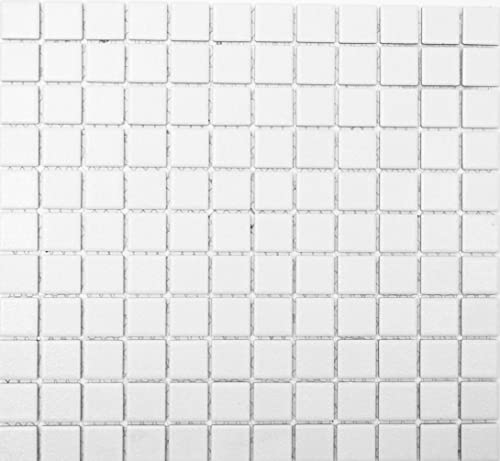 Mosaik Quadrat uni weiß rutschhemmend R10 Keramik rutschsicher trittsicher anti slip rutschfest Duschtasse Boden Küche Bad WC Mosaikstein Format: 25x25 mm Mattengröße: 326x300 mm | 1 Mosaikmatte