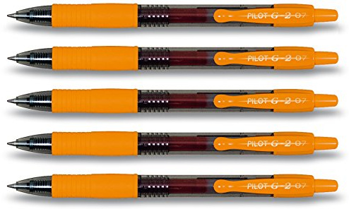 Pilot G2 07 Rollerball Gel Pens, 0.7mm, Orange Ink, Set of 5 | Refillable