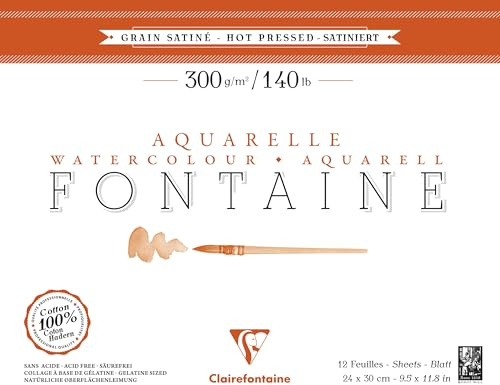 Clairefontaine - Ref 96349C - Fontaine Hot Pressed Watercolour Glued Pad (12 Sheets) - 24 x 30cm Size, 300gsm Paper - Suitable for Watercolour Artwork