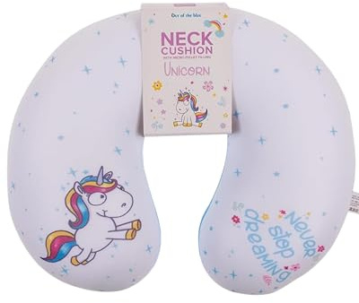 Out of the blue Nackenkissen mit Micropellet-Füllung - kompaktes Nackenhörnchen mit Banderole zum Aufhängen - praktische Maße 30x30 cm - ergonomisches Reisekissen für Flugzeug & Bahn - Comic Einhorn