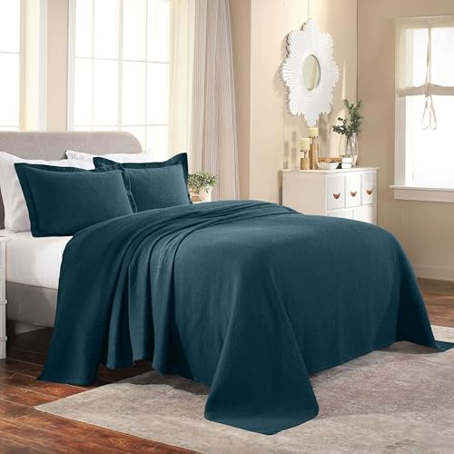 Superior Fleur de Lis Baumwolle 3-teiliges Tagesdecken-Set Home Bed Decor Dekorative strukturierte Tagesdecke 2 Kissenbezüge Luftige Decke Matelasse Decke Bettwäsche Boho Medaillon Queen Tiefsee