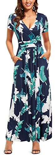 OUGES Women's Summer Casual V Neck Short Sleeve Floral Pattern Wrap Ladies Maxi Long Dress with Pockets(Floral-8,3XL)