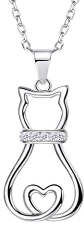 SILVERCUTE Damen Collier 925 Sterling Silber Katze mit Herz Schwanz Anhänger Weißgold überzogen Rolokette mit Zirkonia süße Mädchen Frauen Schmuck für Weihnachten Geburtstag