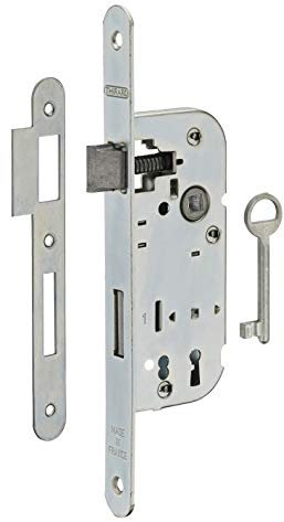 THIRARD - Serrure Encastrable à Clé pour Porte de Chambre - Axe 40 mm - Bouts Ronds - Zingué - Coffre Acier Embouti - Têtière Acier - Demi-Tour Réversible - 1 Clé - Gris