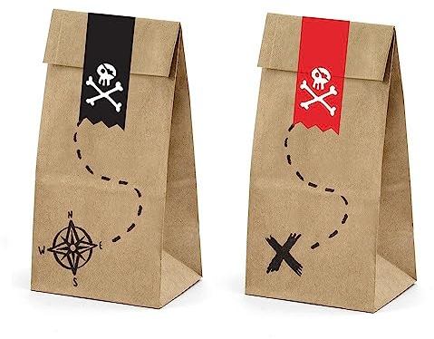 PartyDeco Süßigkeiten Taschen Piraten aus Kraftpapier Satz von Geschenk-Taschen mit Aufklebern für Gäste Geschenk Verpackung Süßigkeiten Taschen Tischdekorationen für Geburtstagsfeier