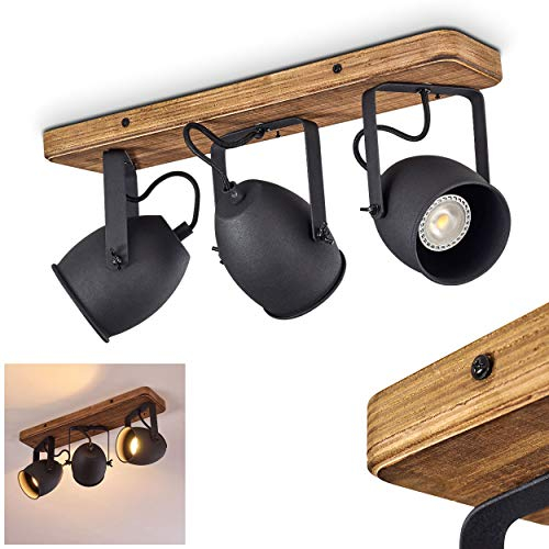 HOFSTEIN Deckenleuchte Vanuatu, Vintage Deckenlampe aus Metall/Holz in Schwarz/Braun im Industrial-Style, 3-flammig, Lampenschirme dreh- u. schwenkbar, 3x GU10-Fassung, max. 60 Watt, LED geeignet