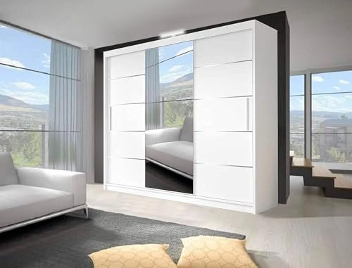Lyon Full Mirror bedroom Sliding Wardrobe 5 Sizes 4 Colours With LED Light (250cm, White)