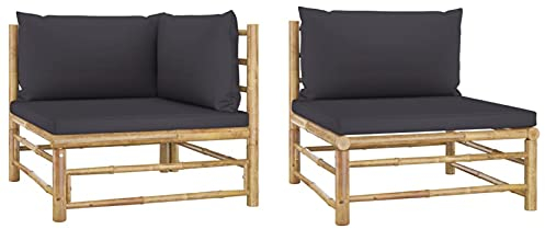 Tidyard 2-tlg. Garten-Lounge-Set mit Dunkelgrauen Kissen Loungebereich Gartensofa-set Mittelsofa Gartensofa Ecksofa Gartensofagarnitur Gartengarnitur Couch-Set Sitzgruppe Balkonset Gartenmöbel Bambus