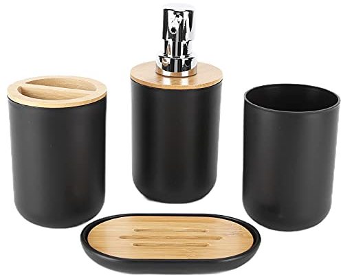 Ensemble d'accessoires de Salle de Bain 4 pièces, Comprenant Un Distributeur de Savon, Un Porte-Brosse à Dents, Un gobelet pour Brosse à Dents, Un Porte-Savon,Ensemble de Salle de Bain (Le Noir)