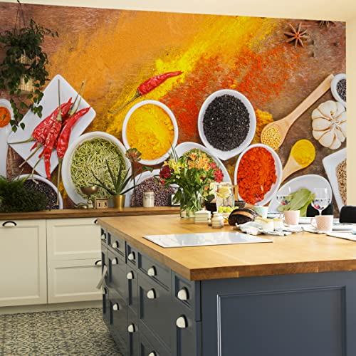 Wallepic Vlies Fototapete Gewürze Natur Paprika Chili Kräuter 208 x 146 Moderne Tapete XXL Blatt Orientalisch Holzoptik Küche Esszimmer Restaurant Mehrfarbig Abstrakt Br. 208 cm x Hö. 146 cm