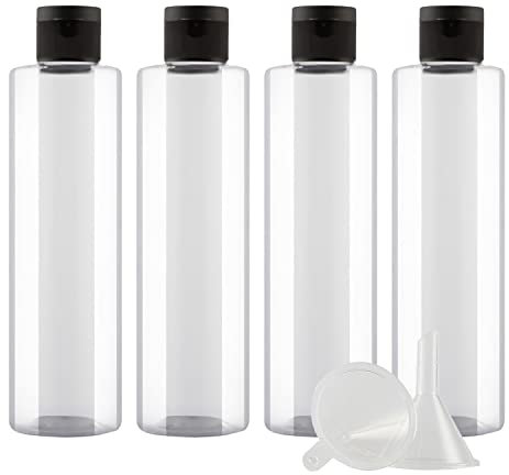 ZEOABSY 4 Pieces Empty 250ml Transparent Plastic PET Bottles with Black Flip Cap, Flat Shoulder Cosmetic Bottle for Travel Gel Soap Toner Refillable Sample Containers