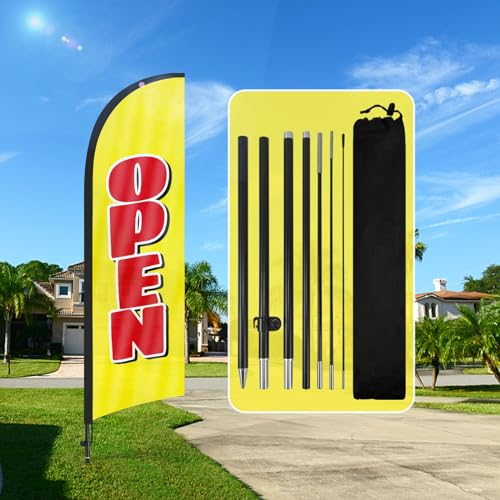 QSUM Open Plume Drapeau, 8FT Open Drapeau Publicitaire avec Kit Poteau, Piquet de Sol, Open Signs Drapeau Publicitaire Exterieur Adapté Pour publicité en magasin et Extérieur(Jaune)