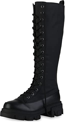 VAN HILL Damen Leicht Gefütterte Plateaustiefel Blockabsatz Stiefel Profilsohle Schuhe Freizeit Schnürer Plateauschuhe 208400 Schwarz 37
