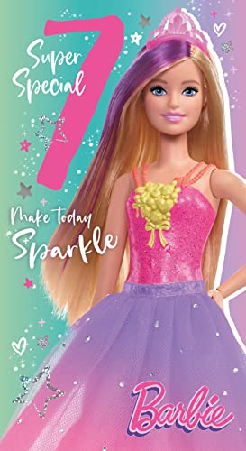 Danilo Promotions Limited Barbie Geburtstagskarte zum 7. Geburtstag, offizielle Barbie-Karte zum 7. Geburtstag, Happy Birthday 7, mehrfarbig, 22,9 x 12,7 cm