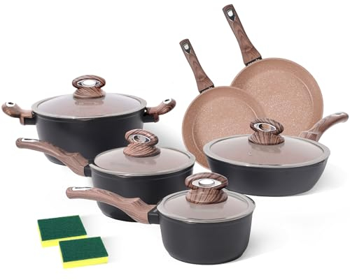 Ecowin Set di pentole e padelle antiaderenti, 10 pezzi (granito, nero, 12 pezzi)