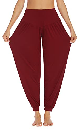 PINSPARK Yogahose Damen Lang Haremshose Sport Yoga Hose Curvy Jogginghose Oversize Pluderhosen Freizeithose Elegant Sporthosen Rot L