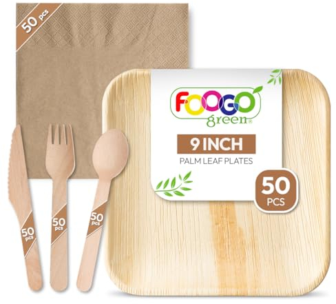 FOOGO Green 250pcs Disposable Palm Leaf Plates, Wooden Cutlery Set and Brown Napkins, 50x Large Square ks, Knives, Spoons, Eco Friendly Biodegradable, natural Wood