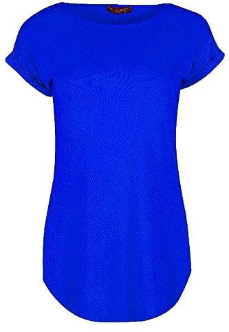 Ladies Curved Hem Jersey Plain Top Womans Round Neck Turn Up Cap Sleeve T Shirt (18, Royal Blue)