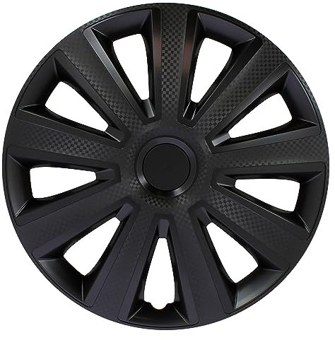 S SUMEX Juego de 4 Tapacubos de 16 Pulgadas Diseño Kentucky Carbon Black, Acabado en Negro y ABS Resistente a Fuertes Impactos, Duradero y Fiable con Anillo de sujeción Ajustable