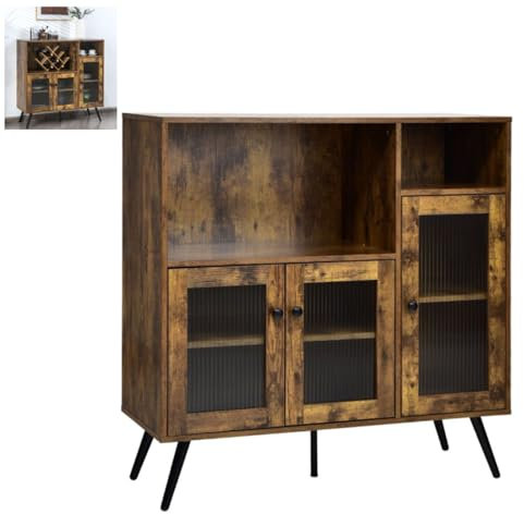 GiantexUK Kitchen Storage Cabinet, Wooden Buffet Sideboard with Tempered Glass Doors, Adjustable Shelves & Anti-toppling Device, Freestanding Cupboard for Dining Living Room Hallway (Rustic Brown)