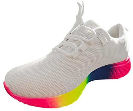 BOTCAM 2023 frühjahr Europäische Und Amerikanische Große Regenbogen Niedrigen Elastischen Einzelnen Schuh Frauen Casual Dicke Sohle Spitze Up Gestrickte Sport Schuhe S Damenschuhe (White, 37)
