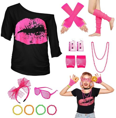 80er Jahre Outfits Damen Set, 80er 90er Jahre Kostüm Outfits Zubehör mit T-Shirt Stirnband Ohrring Halskette Netz-Handschuhe Neonbrille Beinstulpen für 80 Jahre Karneval Faschingskostüme (3XL)