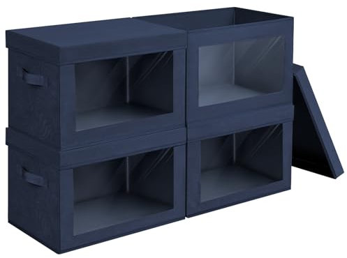 Homsorout Foldable Storage Boxes with Lids - 4 Pack Storage Cubes with Transparent Window Fabric Storage Organiser Box for Clothes, Books, Wardrobe, Closet, Office (Navy Blue)