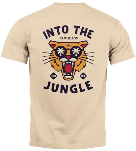 Neverless® Herren T-Shirt Backprint Tiger Spruch Into The Jungle Palme Sommer Retro Design Fashion Streetstyle Natur L