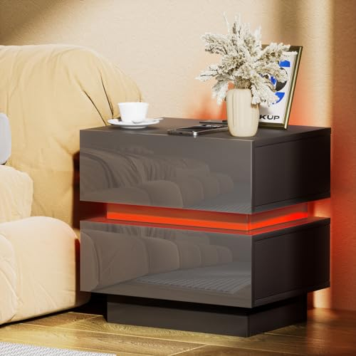Hochglanz Nachttisch mit Schubladen,Nachttische mit USB-Anschluss und Steckdose Nachttisch mit LED Nachtkommode und Nachttisch Nachtschrank Tisch,Led 16 Farben Beleuchtung (Schwarz, 45x35x47cm)