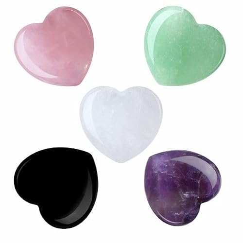 GUJOXILA 5 Stück Herz Aus Stein Edelsteine Natürlicher Kristall Heilsteine Sets Bulk Handschmeichler Steine Handwerk Amethyst Rosenquarz Grüner Aventurin Meditation Chakra Reiki Energieausgleich