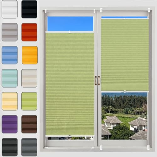 Jalousien Fenster Raffrollo, Fenster plissee 55 x 65 cm, Plissee Ohne Bohren nach Maß, Plissee Fenster Plisseerollo Faltstore, Thermo Plissee ohne Bohren, für Fenster & Tür, Zart Grün