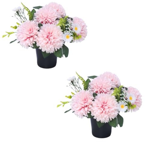 Caliko Set of 2 Artificial Flowers for Graves 25cm | 12 Head Grave Flower Pots | Perfect for Enhancing Memorial & Cemetery Decor | Improved Design for Funeral Elegance (Pink Daises)