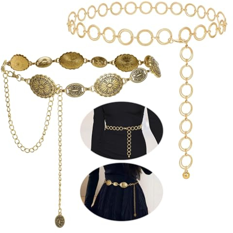 Taillenkette für Damen Gold,Regerly 2 Stück Einstellbar Taillenkette ausgehöhlter Gänseblümchen Kettengürtel Mode Taillengürtel Concho Gürtel Damen Gürtel Taillenkette Hüftkette für Kleider Jeans