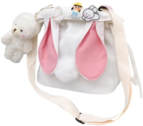 Schultertasche für Damen und Mädchen, Leinen, verstellbar, klein, für Freizeit, Reisen, niedliche Hasenohren, Eimer, Geldbörse, Crossbody-Tasche mit Kordelzug, Weiss/opulenter Garten