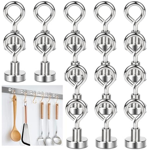 Powmag 16mm Starke Magnete Haken, 16 Stücke Magnethaken Extra Stark Neodym Ösenmagnet Magnethaken 8 Kg Haftkraft, Super Starker Magnete Öse Haken für Küche, Wohnzimmer und Büro