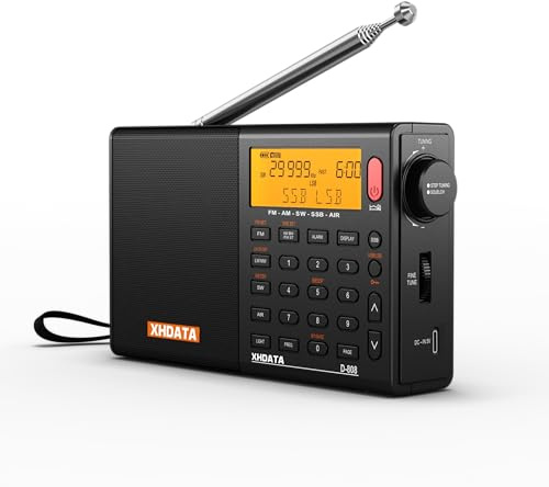 XHDATA D808 Portable AM FM SW LW Air Band Shortwave Radio SSB RDS Multi Band Digital Radio Speaker with LCD Display Alarm Clock External Antenna (Black)