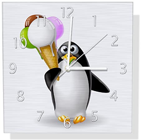 Wallario Design Wanduhr Süßer EIS Pinguin aus Aluverbund, Alu-Uhr Größe 30 x 30 cm, weiße Zeiger mit Metalloptik