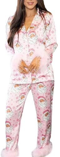 Fiacafyo Ensemble de pyjama de Noël à plumes pour femme - Manches longues - Chemise boutonnée à revers + pantalon - Pyjama 2 pièces en soie, A - Rose, M