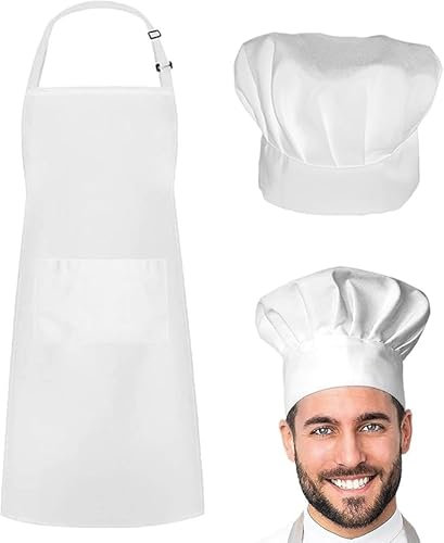JOYIAL Kochmütze Schürze Set, Verstellbare Latzschürze Kochschürze Wasserdichte Küchen Backschürze mit Taschen und Elastischer Kochmütze für Küche Hause Restaurant Hotel