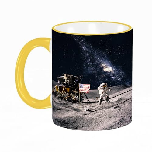 YOIUE Tasse aus Keramik - Große 11oz Tassen 330ml Kaffeetassen mit Henkel, 100% Handbemalt - Trinkgläser mit Griff - Weiß,Galaxie, Astronaut auf der felsigen Oberfläche des Mondes USA Flagge USA Rake