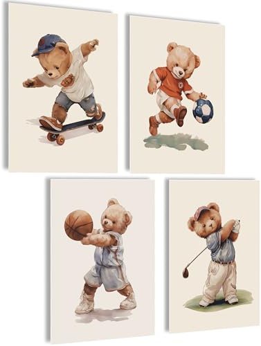 mojoliving Bilder Kinderzimmer jungen Baby Zimmer Poster Set Wandbilder Kinderzimmer mädchen Babyzimmer Deko Bilder für Baby Zimmer Dekoration (Teddy Sport)
