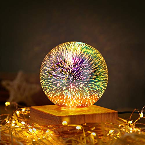 FIYSON 3D Feuerwerk Nachttischlampe,USB Romantisches Projektorlicht,LED GlasKugel Tischlampe,Schlafzimmer Atmosphäre Nachtlicht mit Holzsockel für Geburtstag Valentinstag Heimgeschenke (Stil 1)