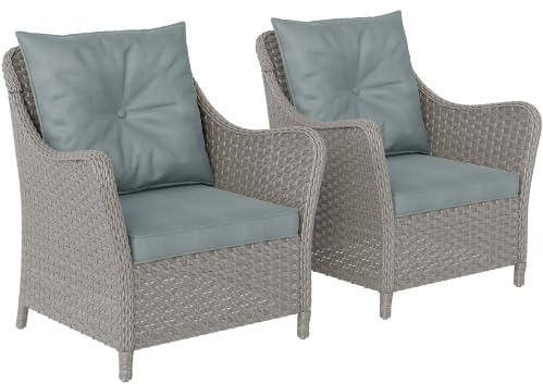 Outsunny Rattan Garden Chairs Set of 2 with Cushions High Back Light Grey | Outdoor Rattan Chairs, Armrests, PE Wicker Garden Armchair, Steel Frame, for Balcony, Porch
