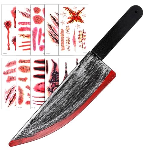 Gjinxi Fake Knife with Fake Blood Props, 10 Temporary Tattoo Stickers Halloween Bloody Ghostface Props Toy Knife Set, Horror Movie Scream Prop for Halloween Party Costume and Makeup Parties